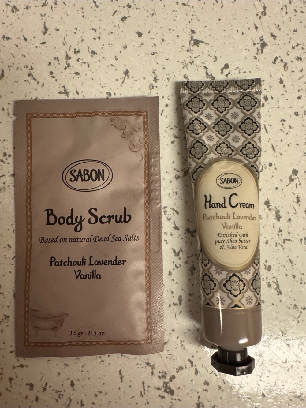 Sabon patchouli lavender vanilla body scrub 0.5 oz and hand cream 1 fl oz